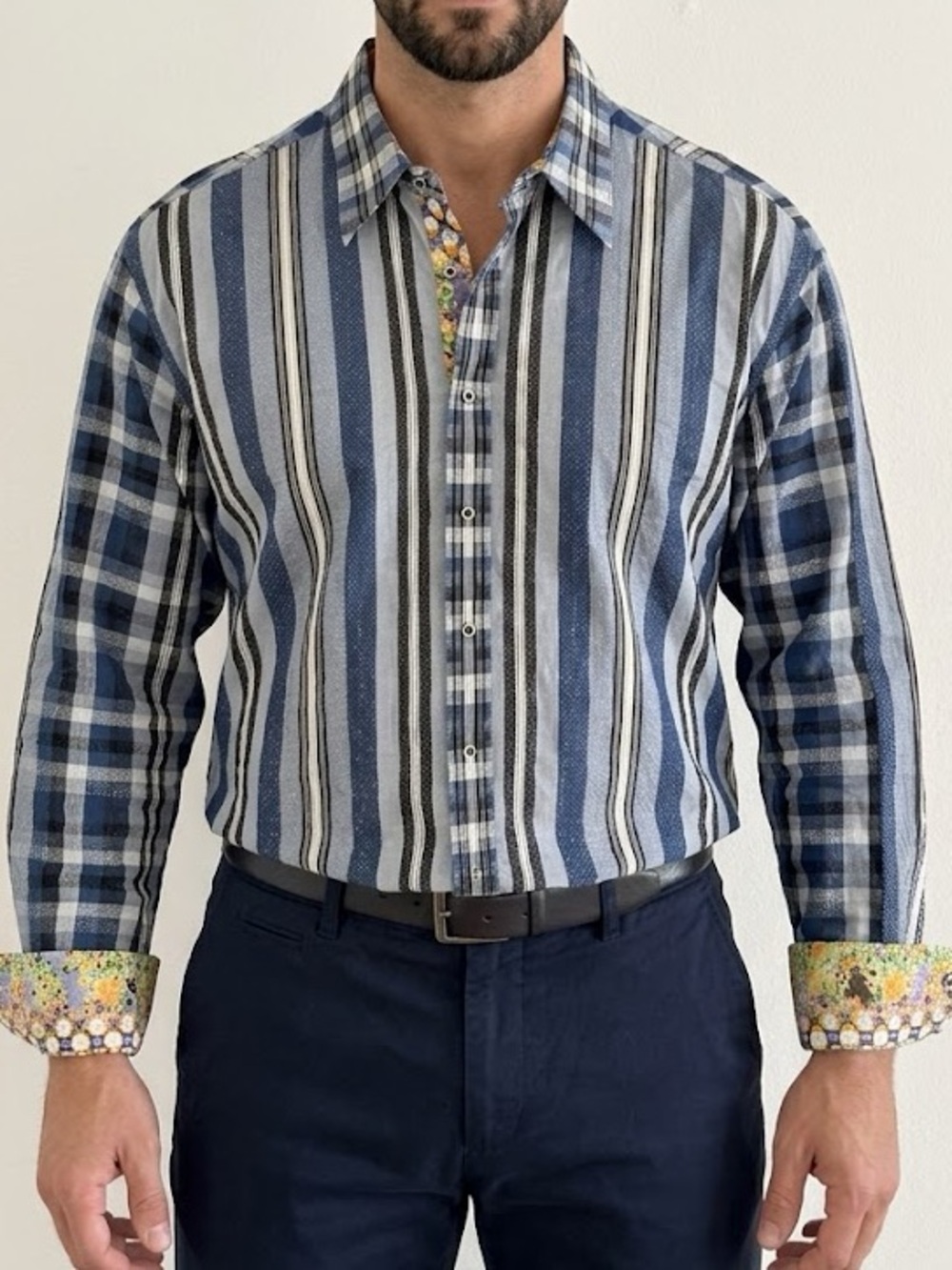 Robert Graham Blue Striped Embroidered Cuff Long Sleeve Button Down 2XL